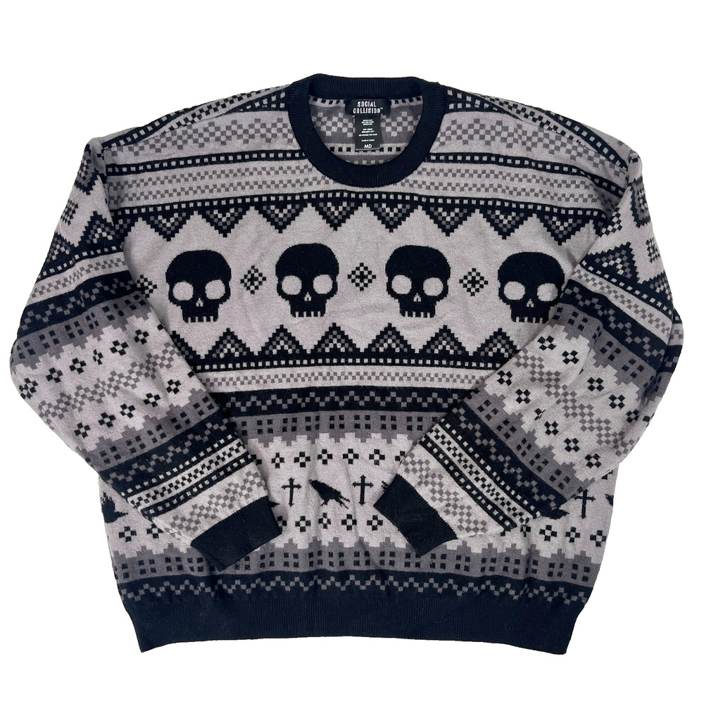 Social Collision Skull Sweater Grandpa M Fair Isle Goth Grunge Y2K Emo Halloween
